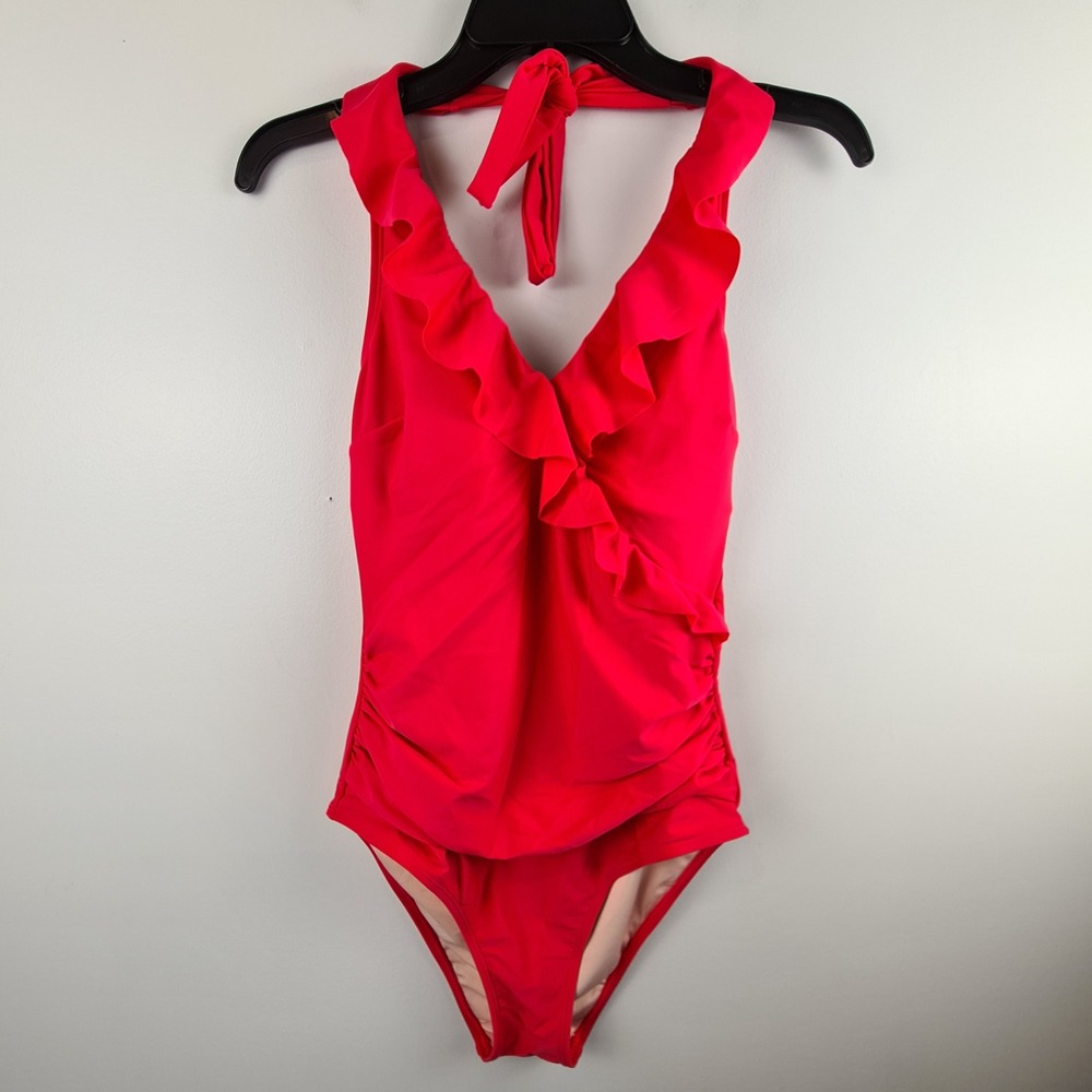 Cupshe‎ Womens Pink Ruffle Halter One Piece Swimsuit Ruched Tummy Control Size M